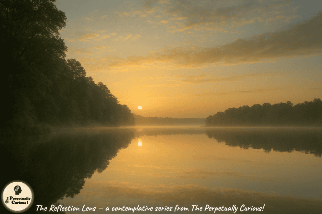 Illustration of a misty dawn landscape where forest meets calm water under golden sunrise, with light filtering through trees and reflecting on the lake surface, capturing the atmospheric exchange between earth and sky. From The Reflection Lens, a contemplative series from The Perpetually Curious!