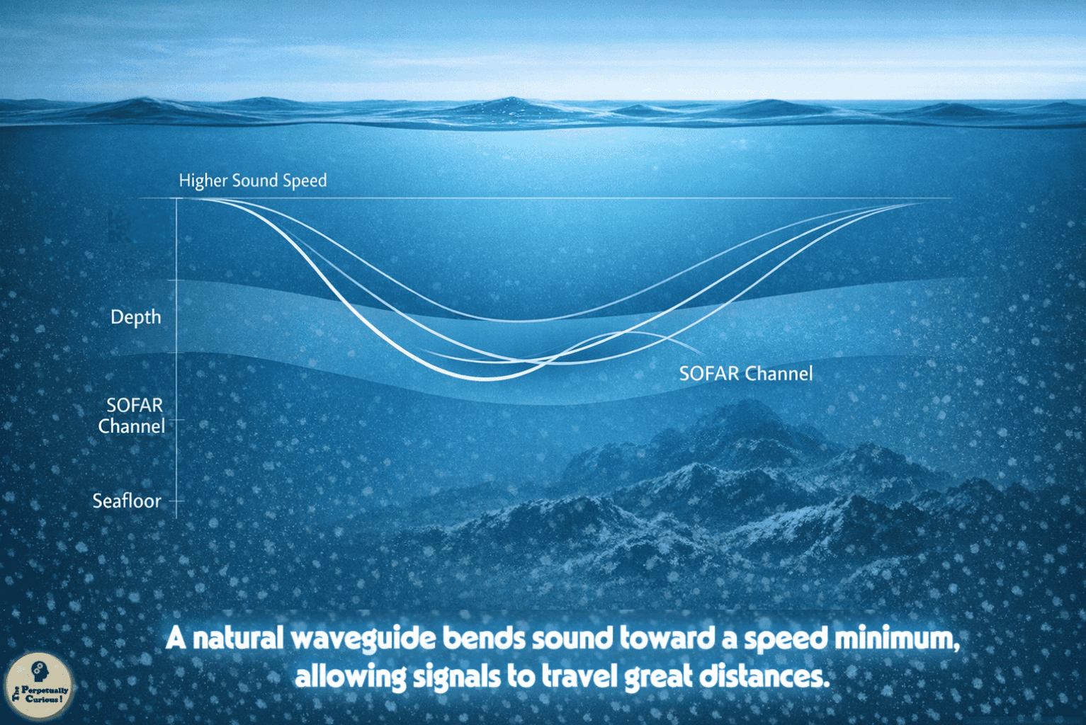 Rendering showing the SOFAR channel as a horizontal acoustic layer where refracted sound paths bend toward the sound speed minimum and travel across the ocean with reduced loss.
