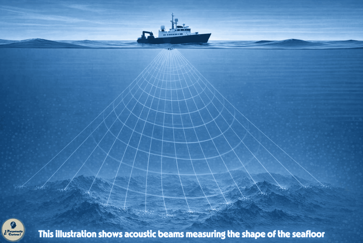 Illustration showing a research vessel projecting a fan of acoustic beams across the seafloor to measure underwater terrain.