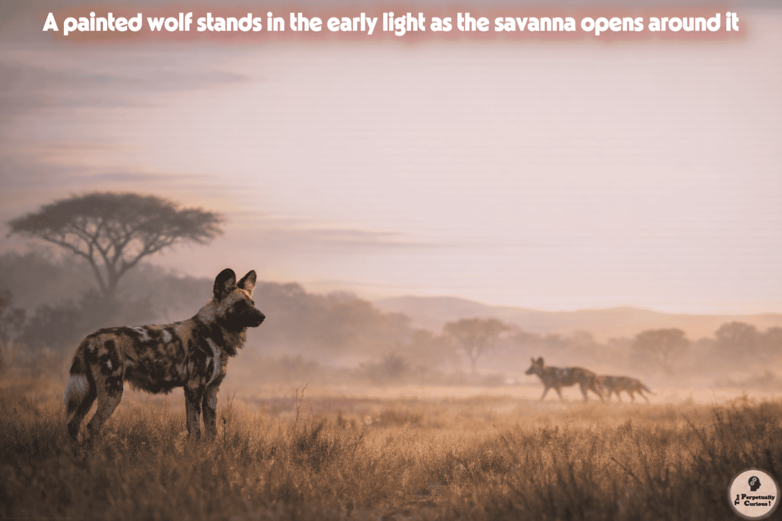 Photorealistic image of an African wild dog standing in quiet dawn light across open savanna terrain.