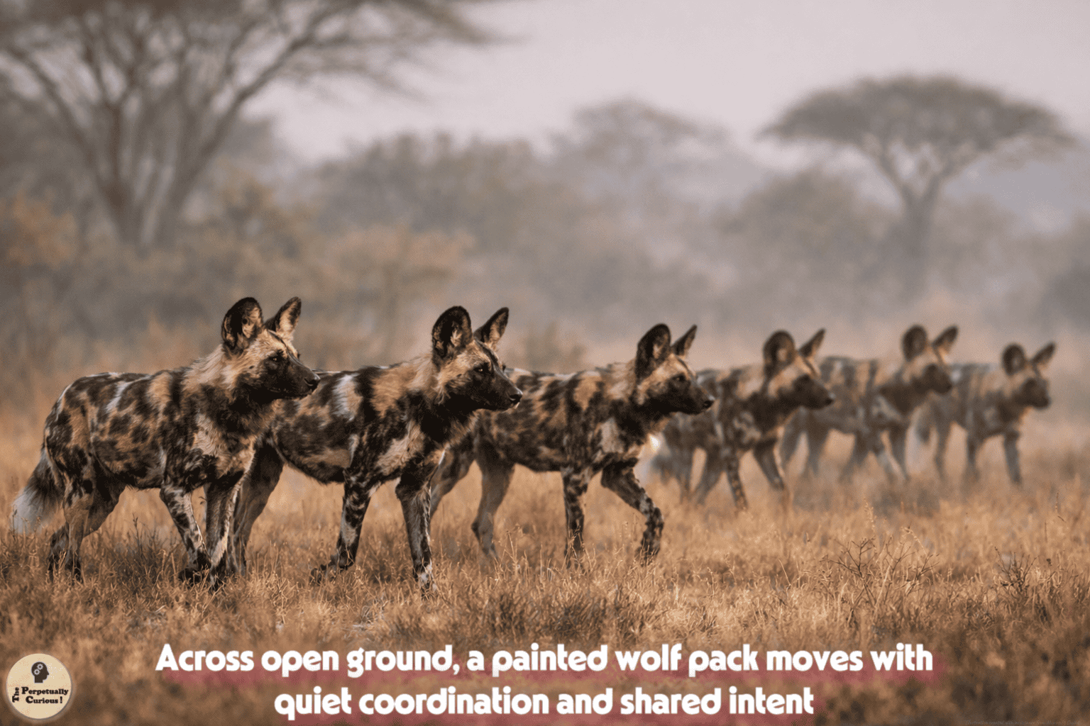 Naturalistic scene showing a coordinated pack of African wild dogs moving in formation through golden grasslands.