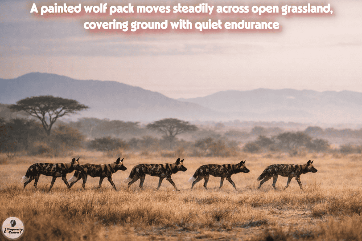 Naturalistic scene of African wild dogs traveling across open savanna in steady motion beneath a hazy horizon
