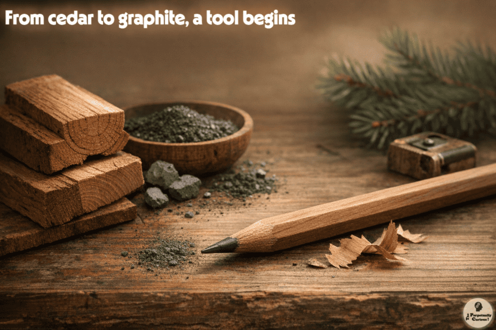 Photorealistic view of cedar pieces, graphite fragments, a sharpened pencil, and pencil shavings arranged on a wooden surface to introduce the material origins of the pencil.
