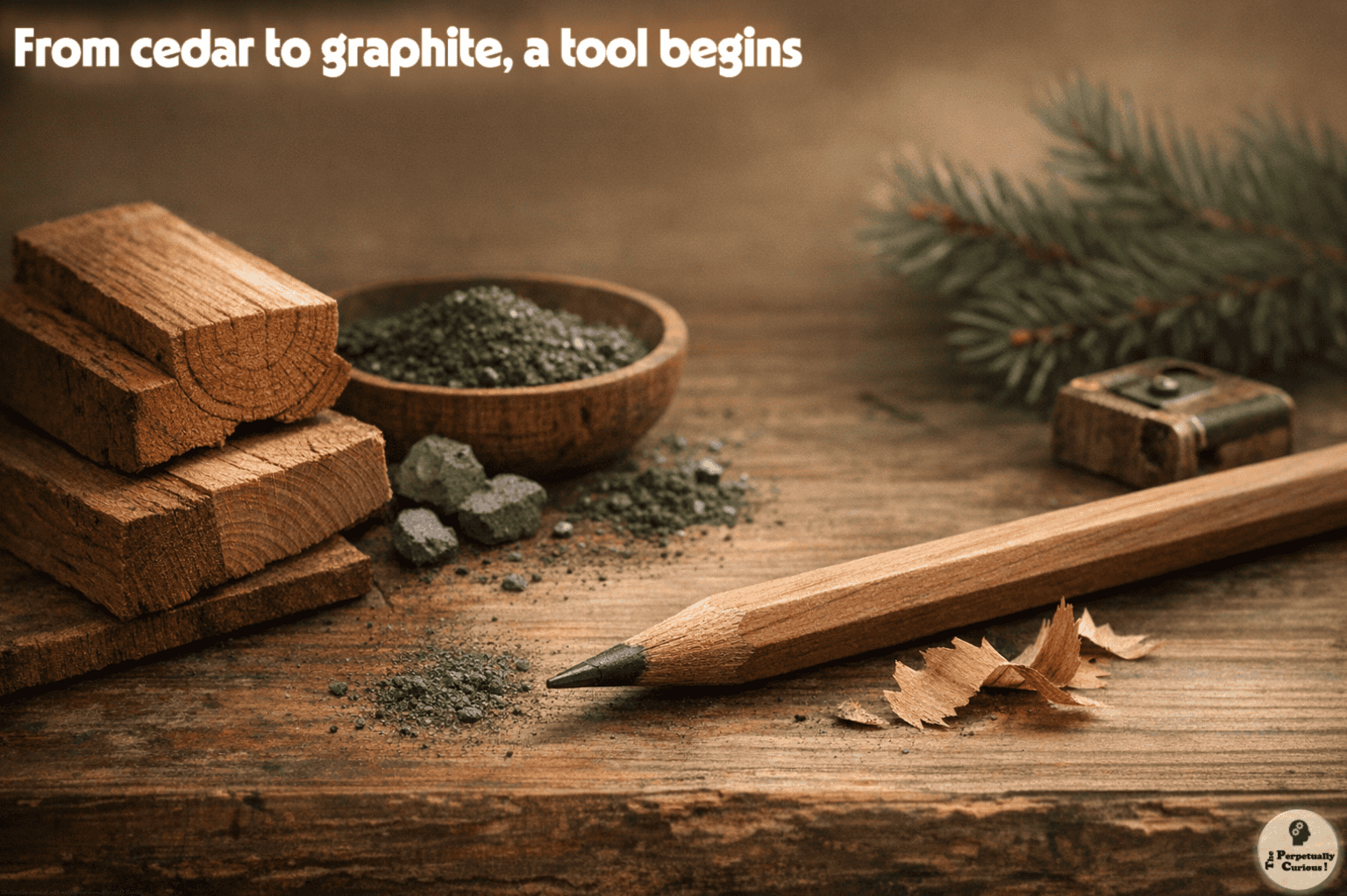 Photorealistic view of cedar pieces, graphite fragments, a sharpened pencil, and pencil shavings arranged on a wooden surface to introduce the material origins of the pencil.