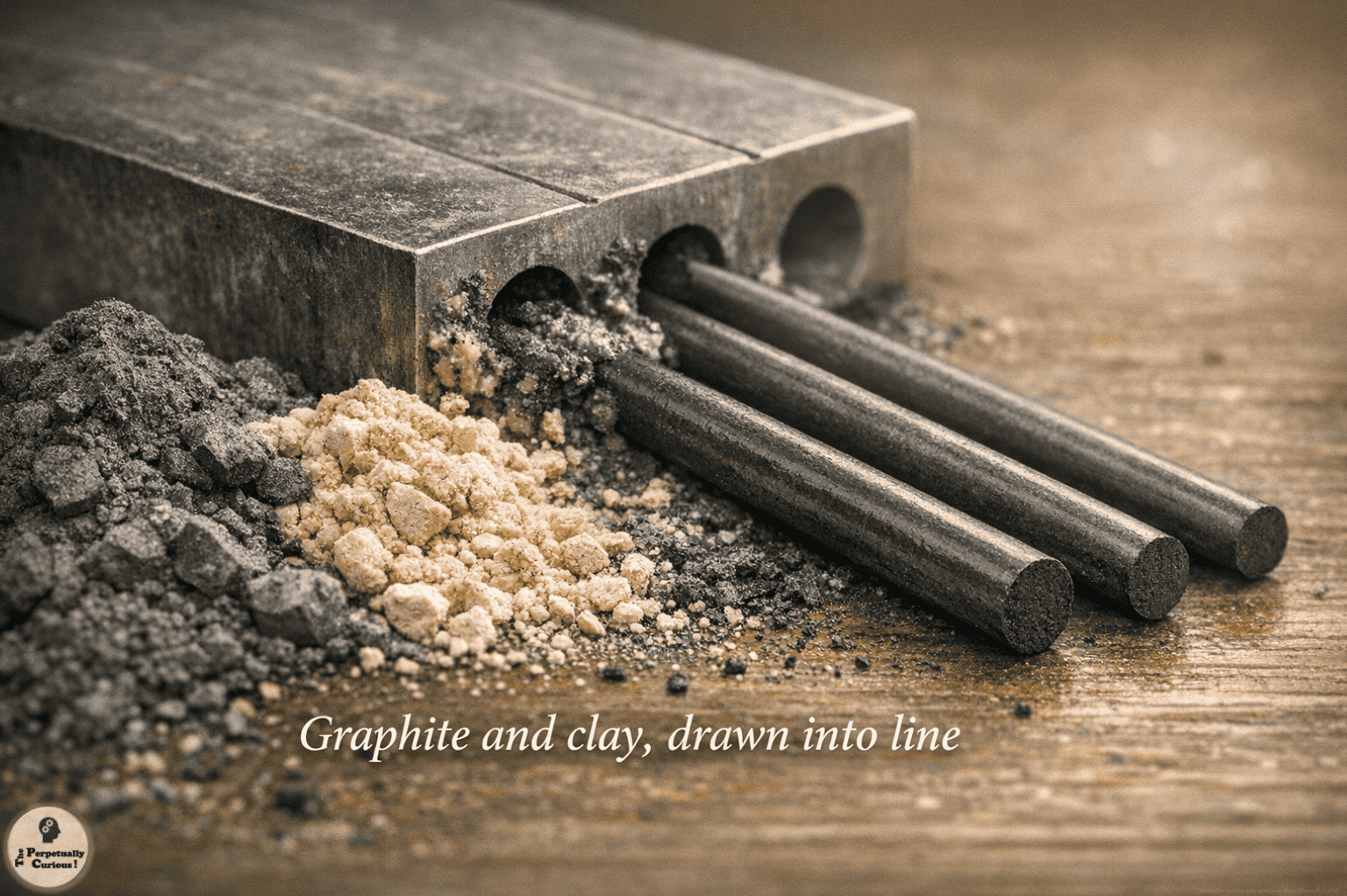 Naturalistic scene of dark pencil-core rods emerging beside loose graphite and pale clay, illustrating the formation of the writing core from raw materials.