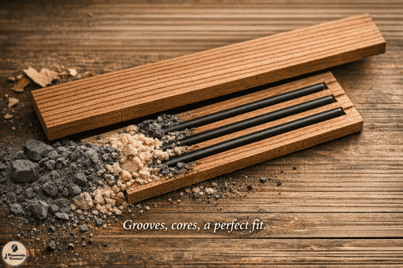 Rendering of cedar slats with carved grooves holding dark cores in alignment beneath a second slat, showing the assembly known as the pencil sandwich.