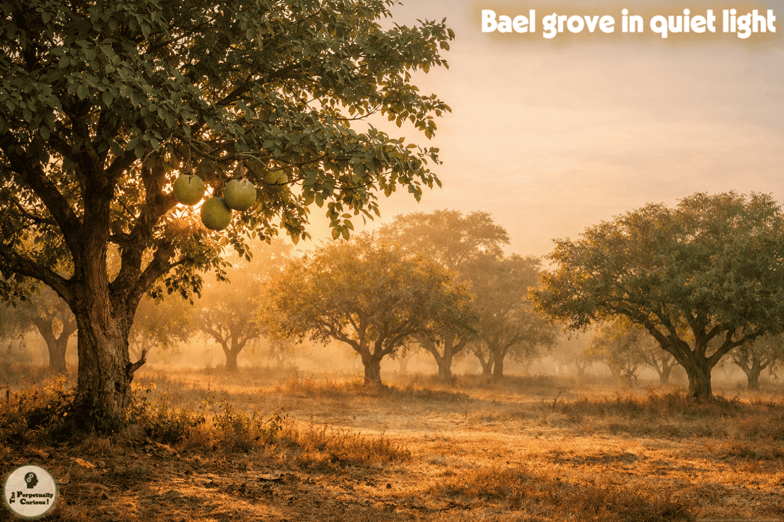 Photorealistic view of a quiet bael grove with soft morning light filtering through clustered branches and scattered fruit, showing the grove environment that frames the species in its natural setting.