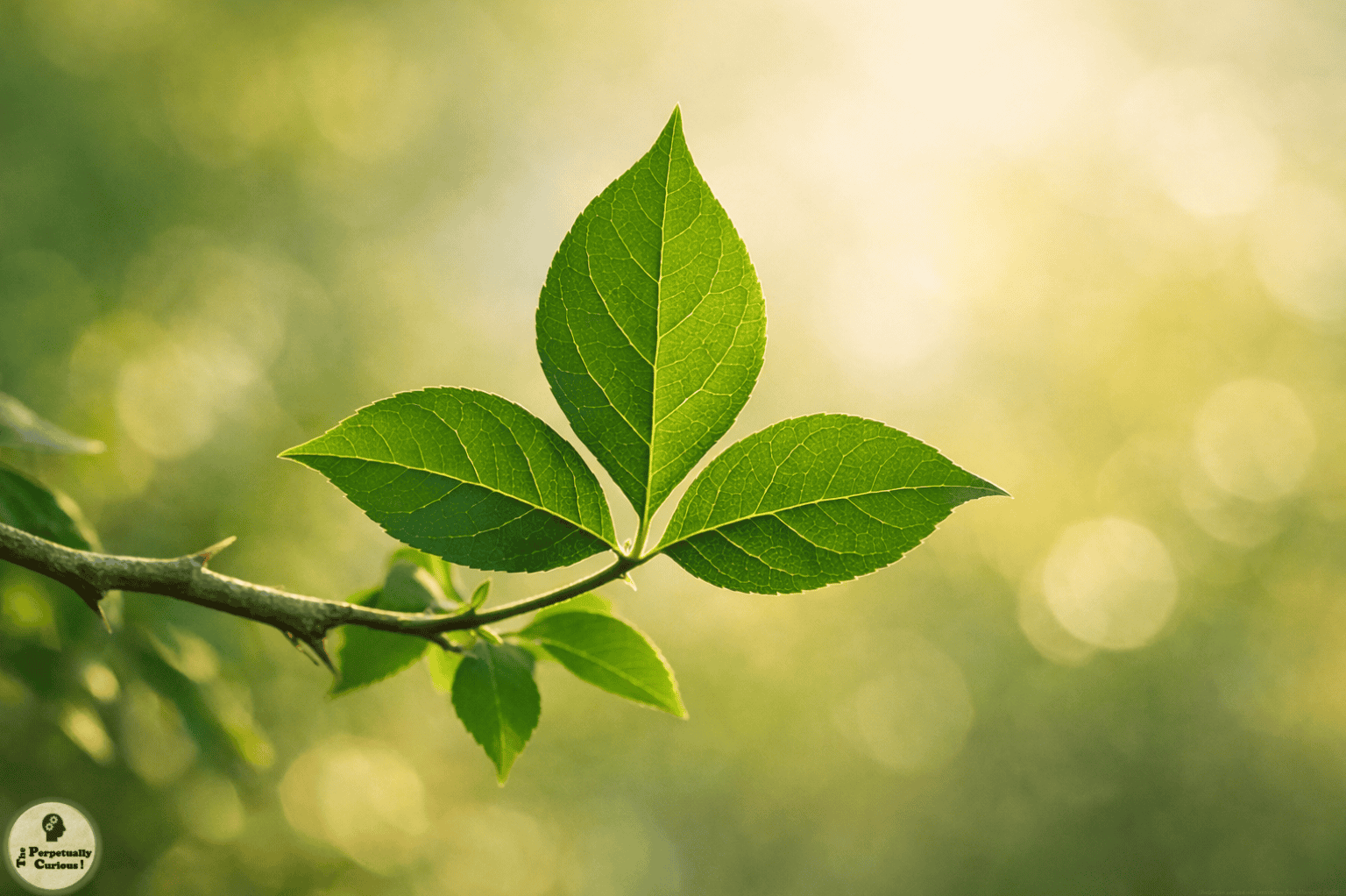 Botanical rendering of a trifoliate bael leaf cluster with visible venation and a short thorned stem, showing the leaf structure that gives the species its characteristic form.