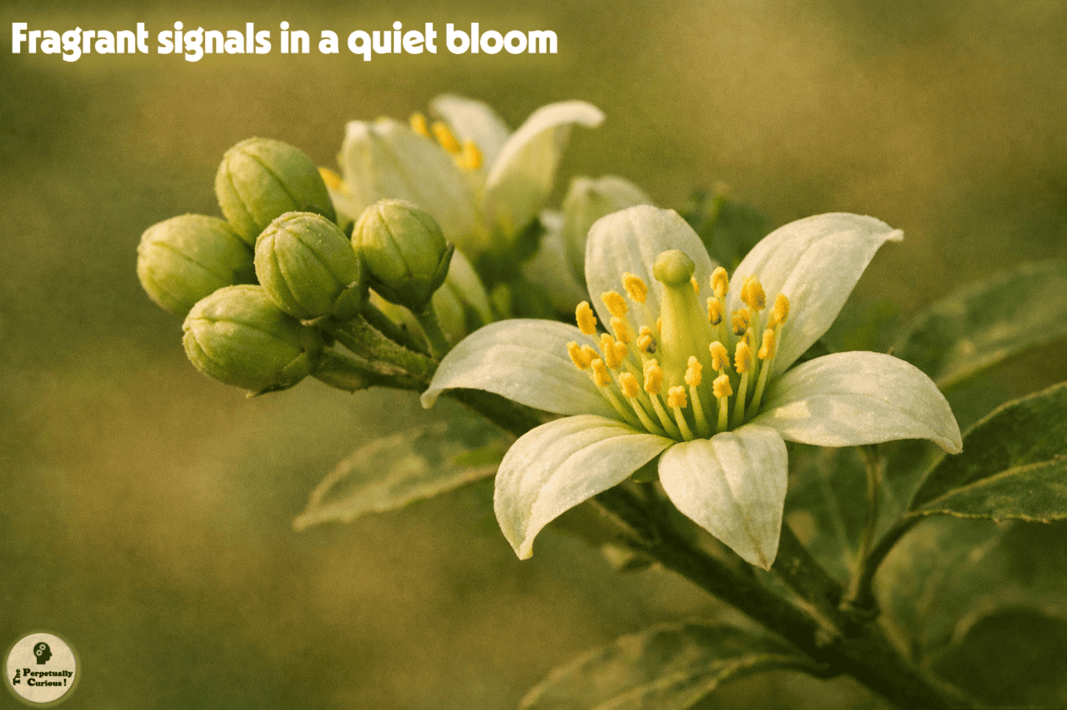 Floral rendering of a bael blossom with pale petals, yellow stamens, and clustered unopened buds, showing the flower structure at an early stage of bloom.