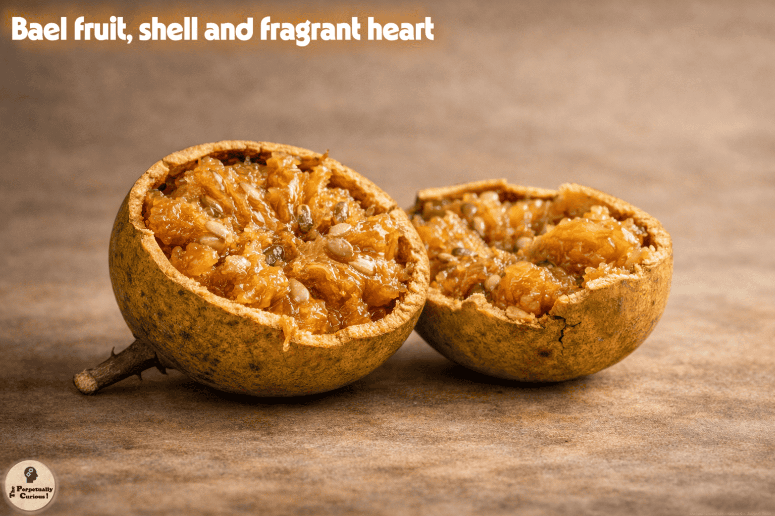 Fruit rendering of a ripe bael fruit split open to show sticky orange pulp, embedded seeds, and a cracked woody shell.