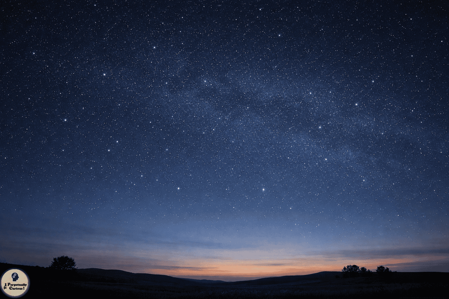 A naturalistic scene of a star-filled twilight sky above a dark horizon, with the Milky Way faintly visible across the upper sky.