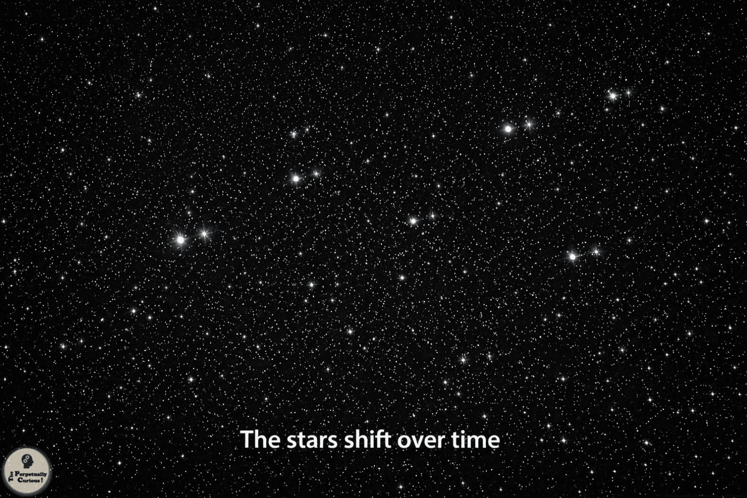 A naturalistic scene of familiar stars shown in subtly shifted positions against a dark night sky, suggesting how they slowly change over long spans of time.