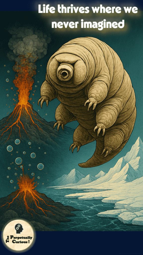 Detailed illustration of a microscopic tardigrade (water bear) centered between extreme Earth environments: underwater volcanic vent with glowing orange lava on left, frozen icy landscape with blue mountains and glaciers on right, representing diverse hostile conditions where extremophiles naturally thrive on our planet. From The Perpetually Curious!