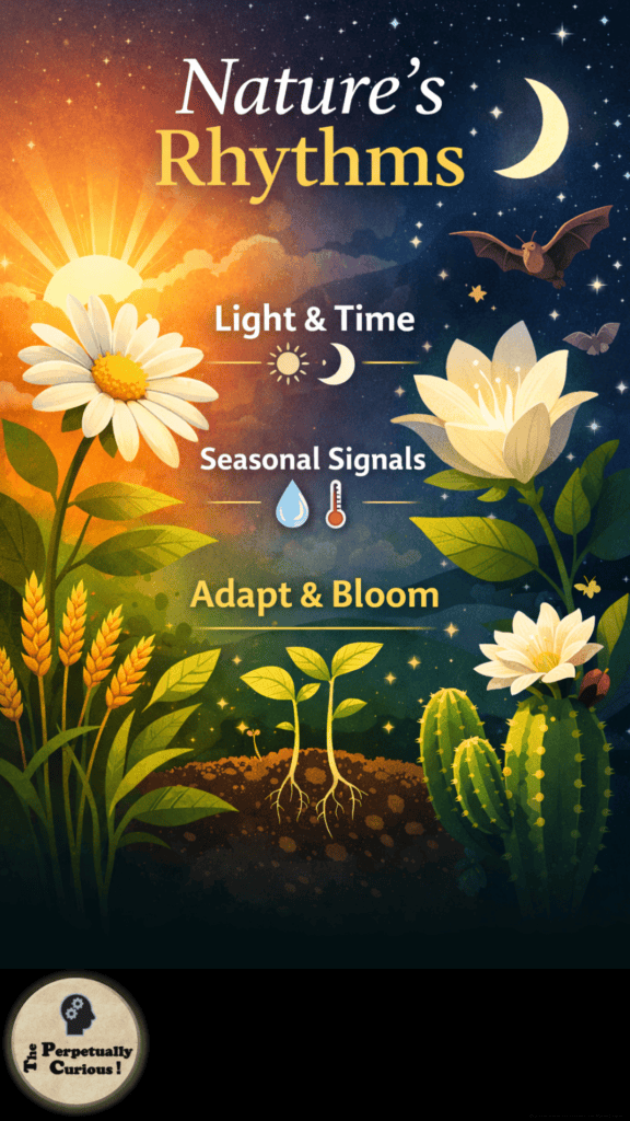 Illustration titled “Nature’s Rhythms” showing how plants respond to environmental cues across day and night. Left side features a daisy, wheat stalks, and sun under a bright sky; right side shows a cactus flower, crescent moon, stars, and nocturnal pollinators. Center highlights three concepts: “Light & Time,” “Seasonal Signals,” and “Adapt & Bloom.” From The Perpetually Curious!