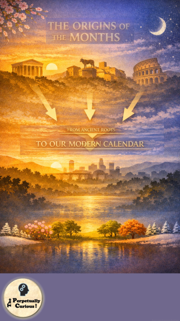 Portrait illustration showing the origins of the month names June through December, with each month paired with a brief historical note and a symbolic icon on a gradient background. No human figures are shown. From The Perpetually Curious!