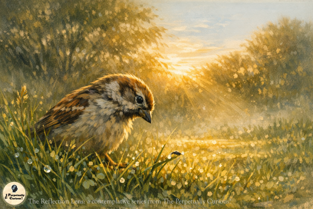 Painterly scene showing a sparrow-like bird in a sunlit meadow, tilting its head toward a small insect resting on a dew-covered blade of grass. The bird’s brown, beige, and white feathers are illuminated by warm golden light, while dewdrops and soft mist create a calm early-morning setting.