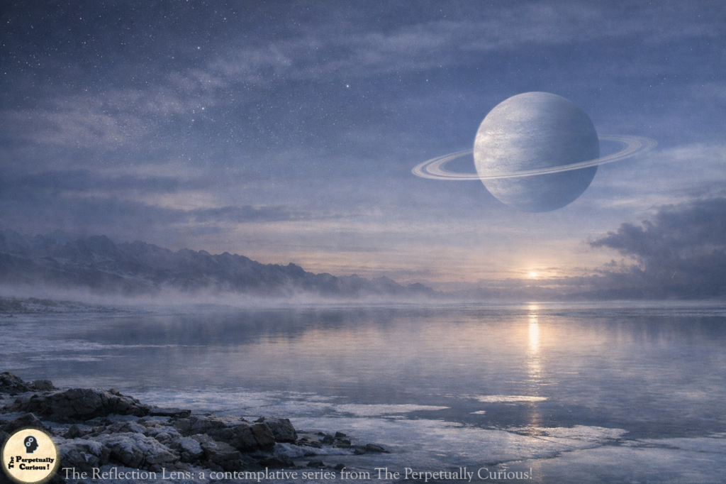 Painterly rendering of a distant twilight landscape with a cracked icy shoreline, a still reflective lake, hazy mountains, and a large pale blue ringed world in the sky.