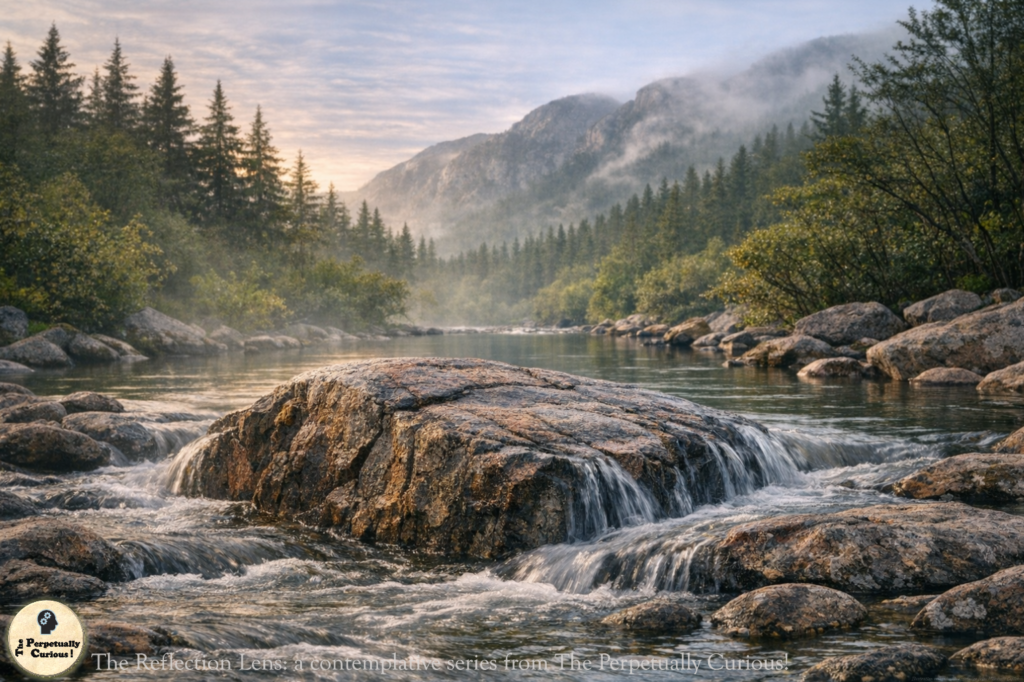 Photorealistic view of a tranquil mountain stream where a large, weathered rock sits at the center of gently flowing water. The rock’s textured surface shows deep gray and reddish tones, and water cascades over it in smooth, measured streams. Mist rises above the stream, surrounded by evergreen trees and distant, hazy mountains under soft morning light.
