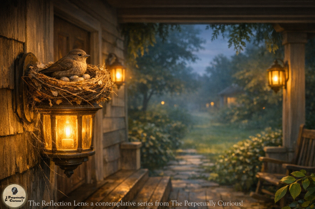 Naturalistic scene of a bird settled in a twig nest with eggs on top of a lit porch lantern, with a covered porch, wooden wall, garden path, and evening light in the background.