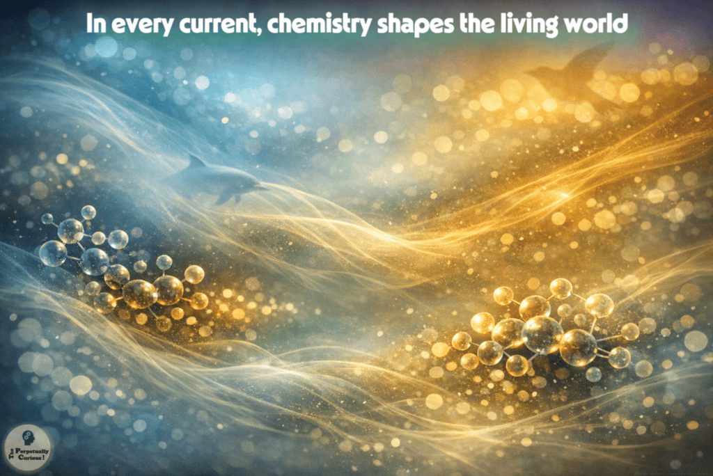 Illustration of drifting molecular currents in blue and gold light with clusters of connected spheres in the foreground and faint silhouettes of marine animals blurred in the background.