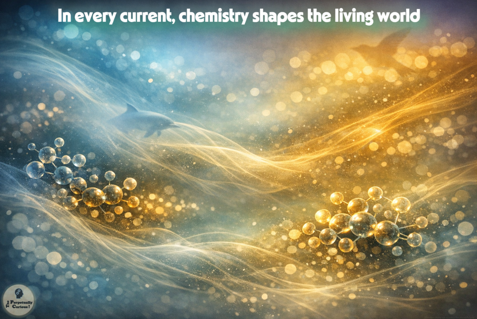 Illustration of drifting molecular currents in blue and gold light with clusters of connected spheres in the foreground and faint silhouettes of marine animals blurred in the background.