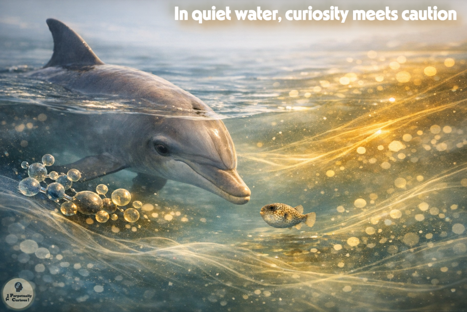 Illustration of a bottlenose dolphin approaching a small pufferfish in calm coastal water, with soft golden currents and molecular motifs suggesting the surrounding chemical environment.