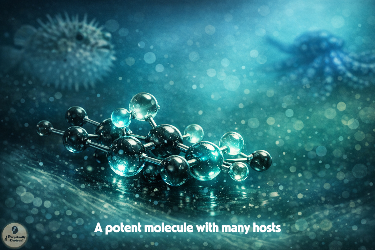 Concept illustration of a stylized molecular structure in the foreground, with blurred silhouettes of a pufferfish and a blue-ringed octopus in the background to suggest tetrodotoxin across multiple marine hosts.