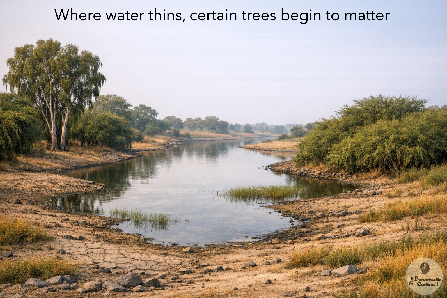 Naturalistic scene of a seasonal pond bordered by dry, exposed banks, tall trees on the left, dense scrub on the right, and sparse grasses across a semi-arid landscape.