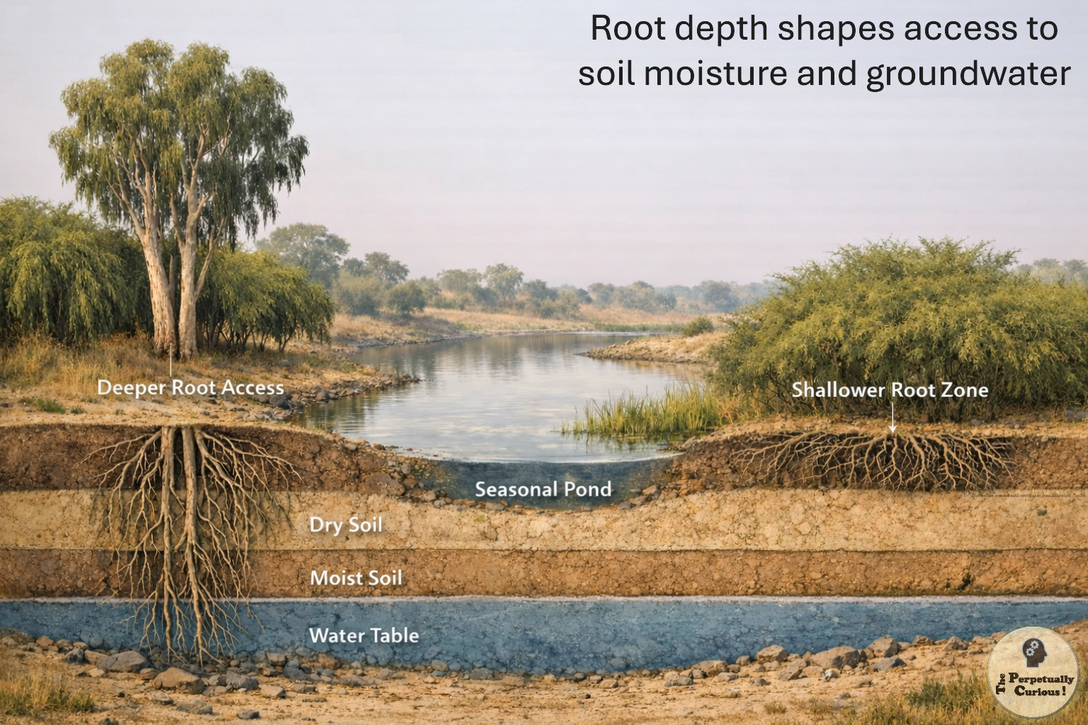 Illustration of a seasonal pond with a cutaway soil profile showing dry soil, moist soil, the water table, deeper root access on one side, and a shallower root zone on the other.