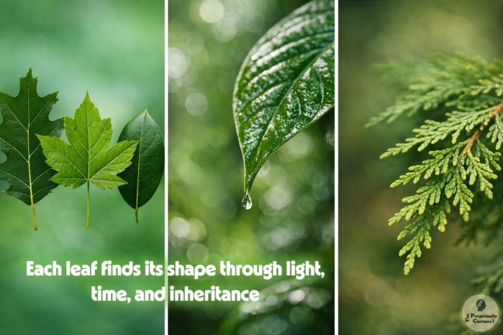 Naturalistic scene of three contrasting leaf forms, a lobed maple leaf, a smooth oval leaf, and scale like conifer foliage, arranged side by side to illustrate diversity in leaf shape against a soft green background