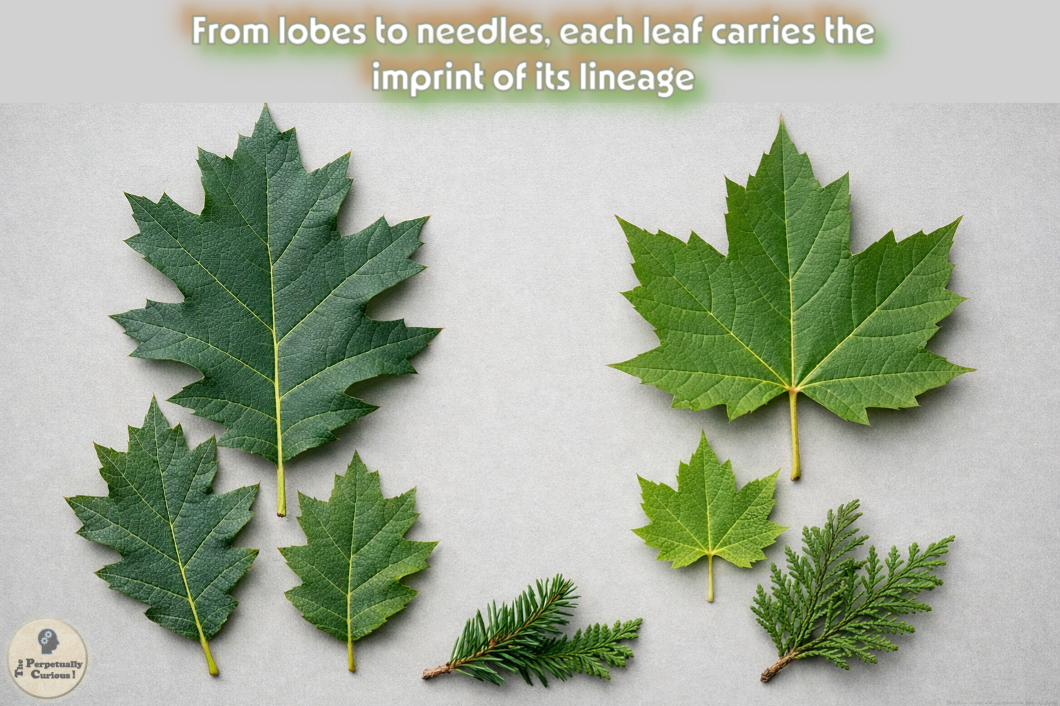 Botanical rendering of multiple leaf types including lobed oak leaves, palmate maple leaves, simple oval leaves, and conifer sprigs, arranged on a neutral surface to show inherited structural variation