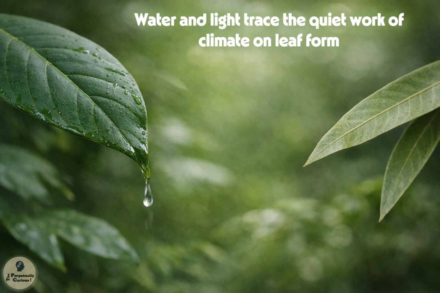 Photorealistic view of two green leaves in a humid setting, one with a pronounced drip tip releasing a water droplet and another narrow leaf with smooth edges, illustrating differences in water shedding and surface structure