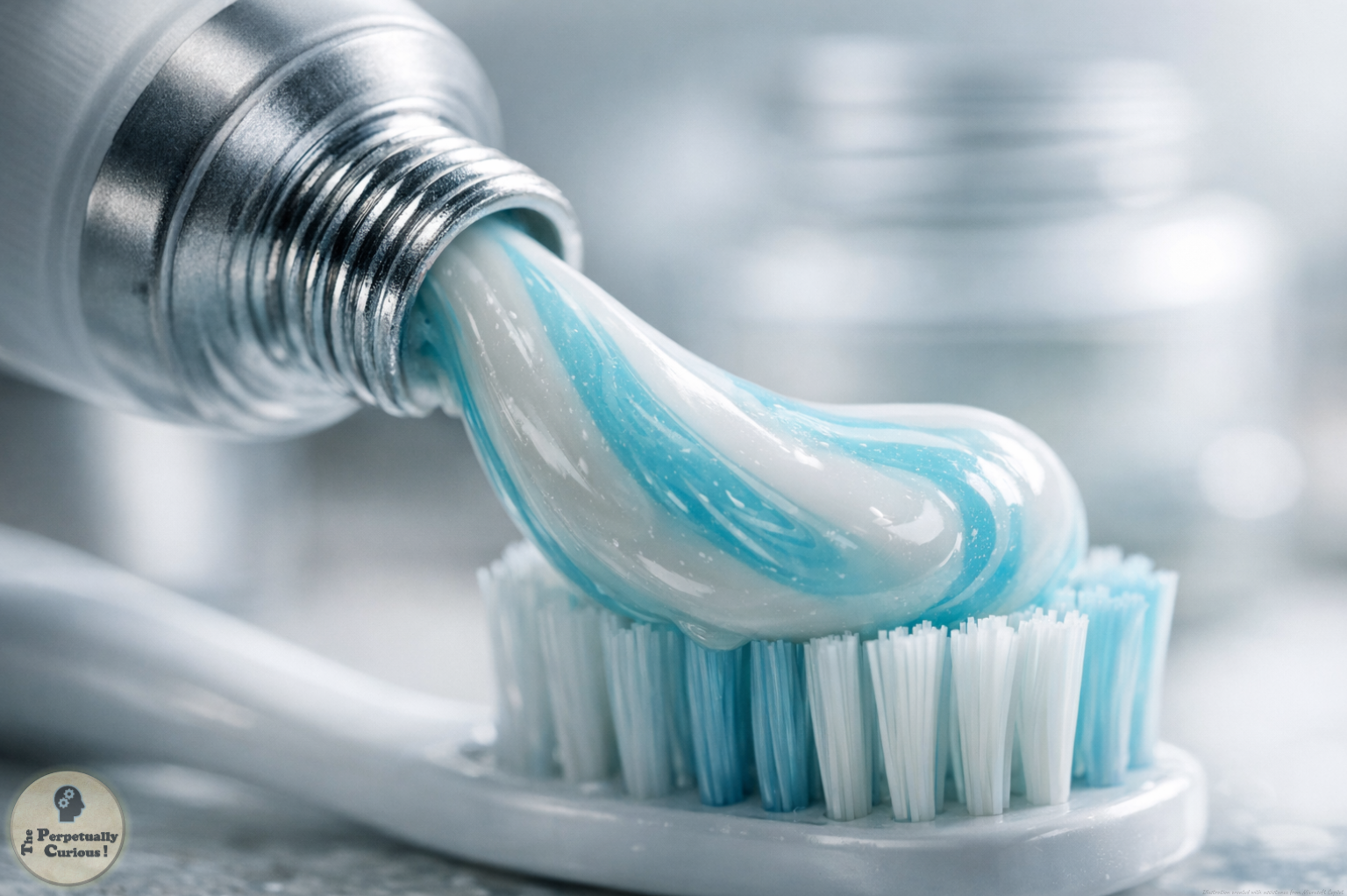 Photorealistic view of blue and white toothpaste being squeezed from a metal tube onto a toothbrush, with a cool-toned macro composition emphasizing paste texture, flow, and the familiar daily gesture of brushing.