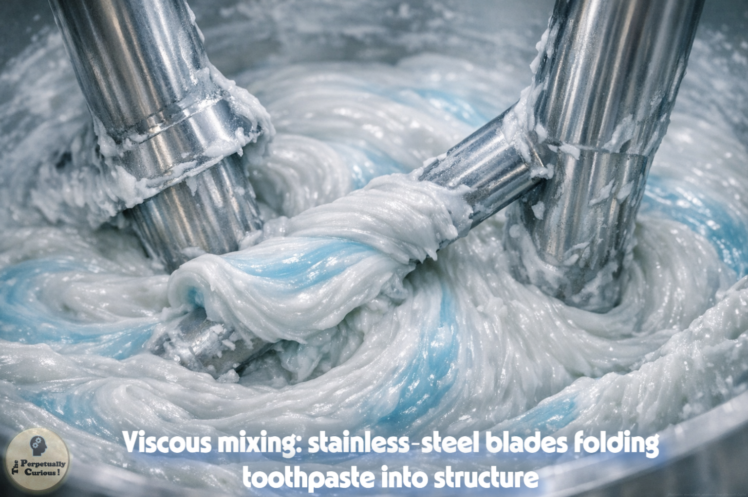 Industrial rendering of thick blue and white toothpaste being folded by stainless-steel mixing blades inside a vessel, showing viscous movement, surface ridges, and the formation of a structured paste.