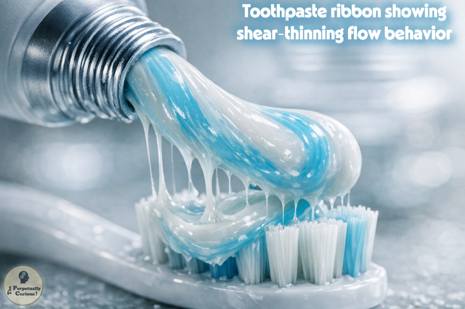 Macro illustration of blue and white toothpaste stretching from a tube onto toothbrush bristles, with visible strands and cohesive flow showing deformation under pressure.