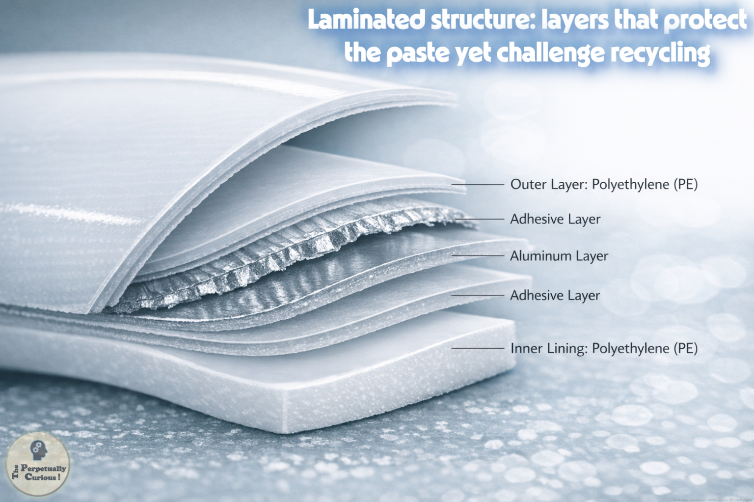 Technical illustration of a laminated toothpaste tube cross-section with labeled polyethylene outer and inner layers, adhesive layers, and an aluminum barrier layer.