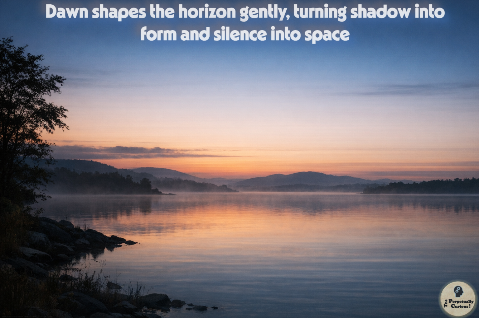 Photorealistic view of a misty lake at dawn with blue and peach sky gradients, layered hills, dark shoreline trees, a left-edge tree silhouette, rocky foreground shoreline, and calm water reflecting the early light.
