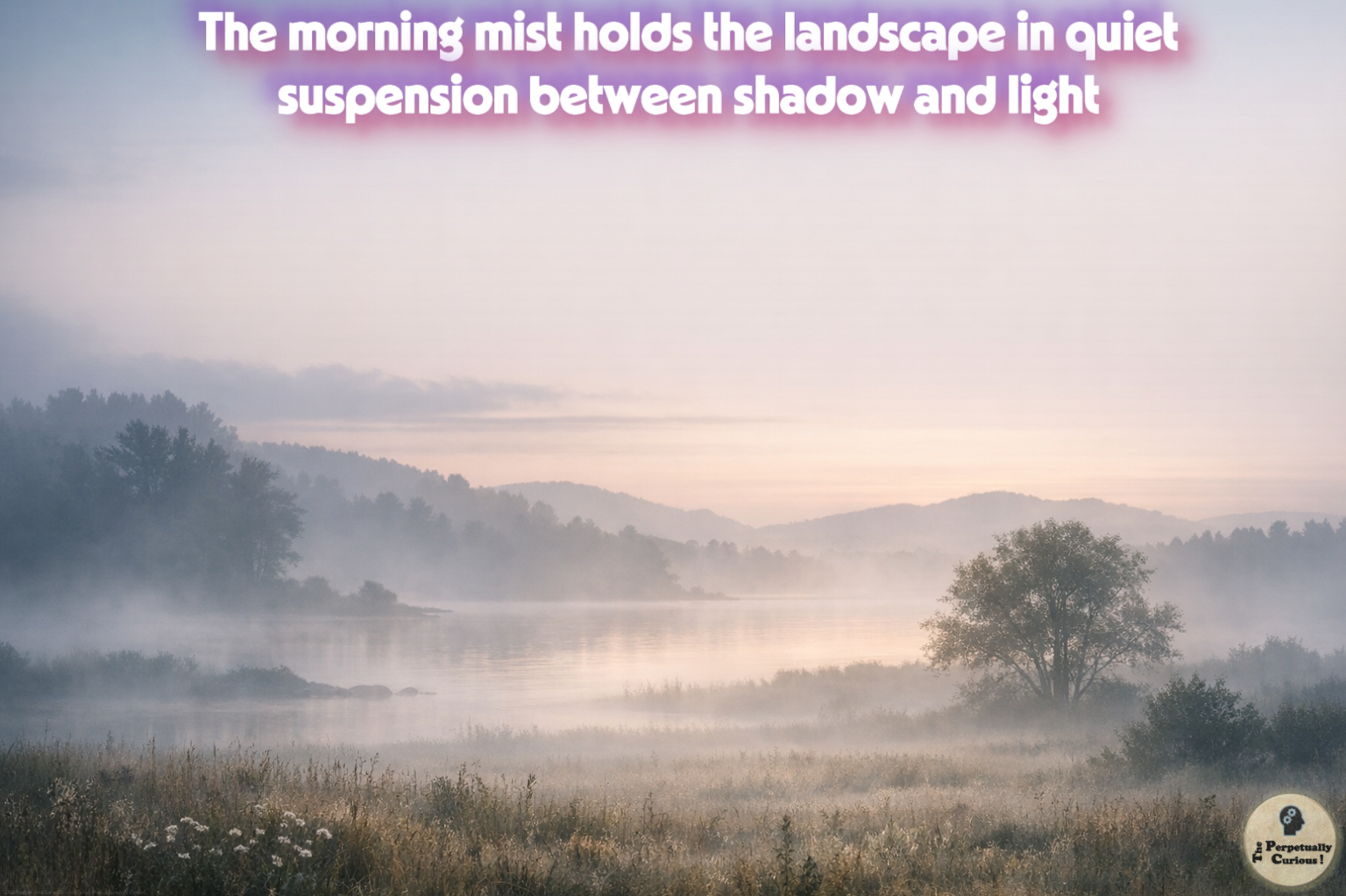 Rendering of a mist-filled lakeside landscape at dawn with pale sky gradients, softened tree lines, low fog over grasses, still water, and distant hills fading into haze.
