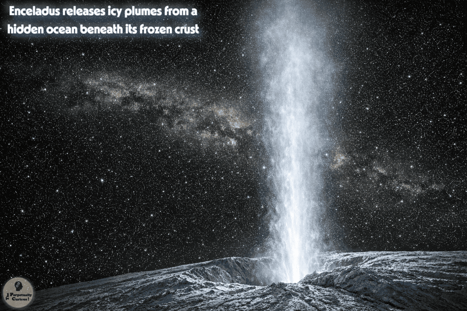 Naturalistic rendering of Enceladus venting a bright icy plume from fractures above its hidden subsurface ocean