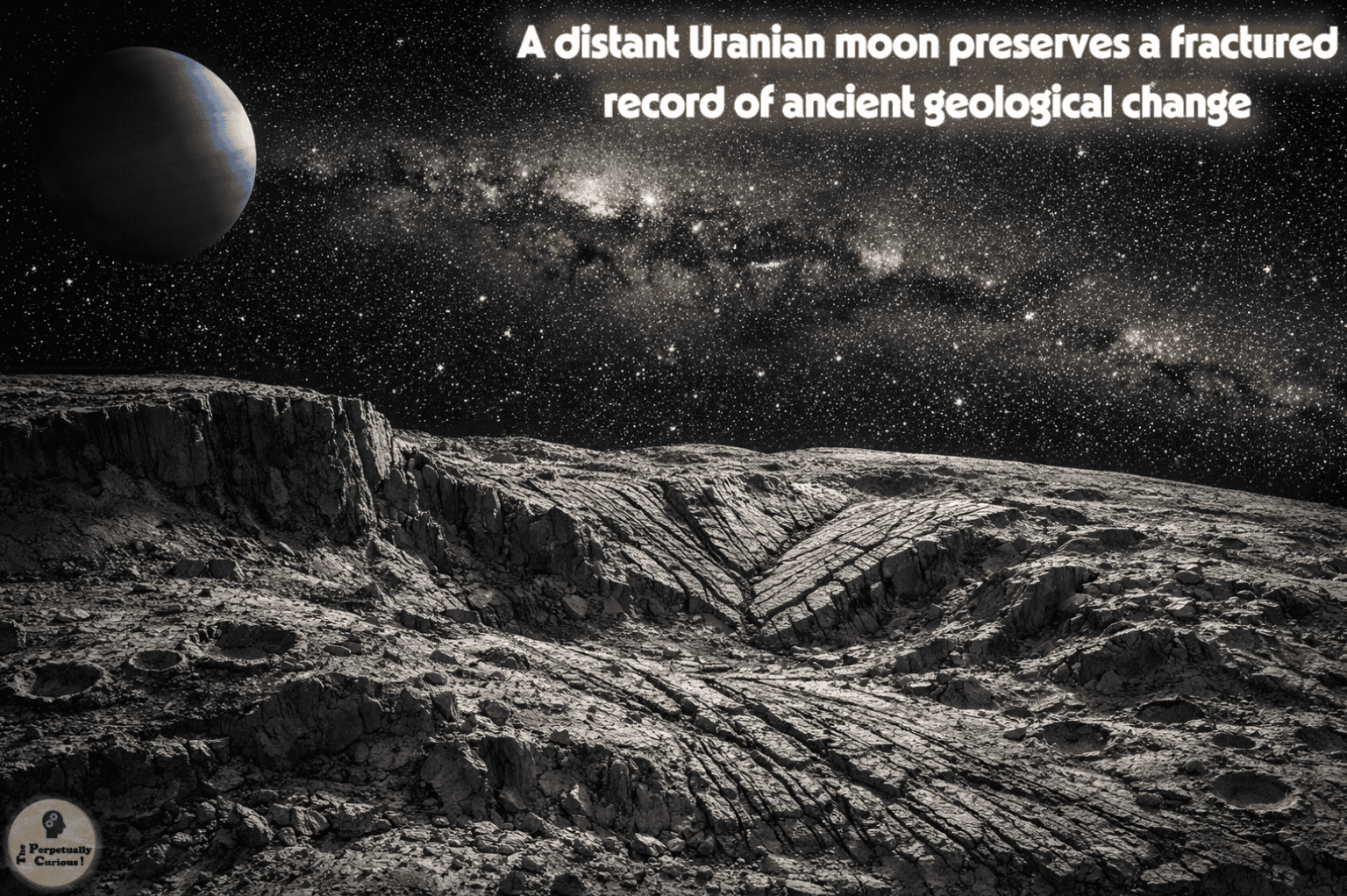 Scientific rendering of a fractured Uranian moon landscape with ridged terrain, scarps, and ancient surface disruption