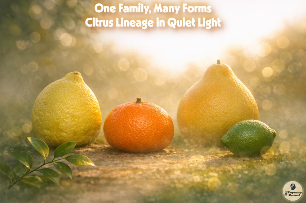 Photorealistic still life of four citrus fruits in warm golden light, arranged together to suggest shared ancestry across the citrus family.