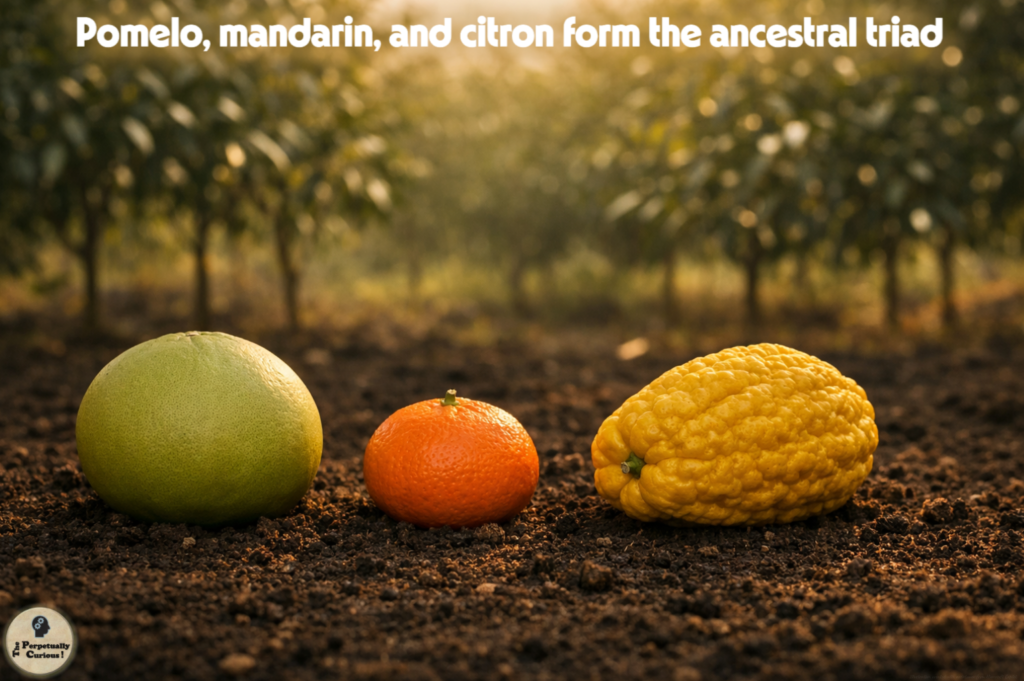Photorealistic rendering of pomelo, mandarin, and citron arranged as the ancestral triad of the citrus family on orchard soil.