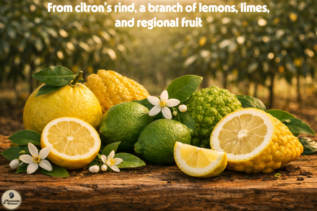 Photorealistic still life of citron-influenced citrus fruits with rough rinds, blossoms, and cut interiors, emphasizing fragrance, texture, and branching diversity.