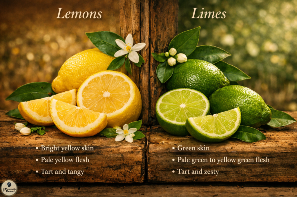 Photorealistic comparison of lemons and limes shown side by side with cut fruit and labeled differences in rind color, flesh tone, and flavor profile.