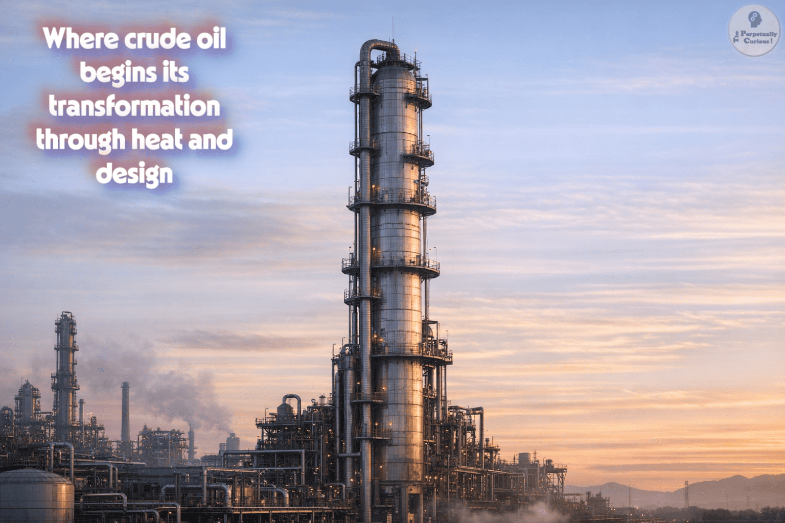 Photorealistic view of a tall atmospheric distillation tower at dawn with soft light revealing its vertical structure and surrounding refinery units.