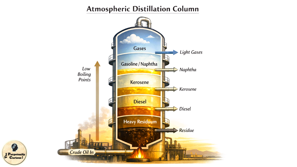 Illustration of an atmospheric distillation column shown in cutaway form with labeled trays and fraction outlets arranged by boiling point.