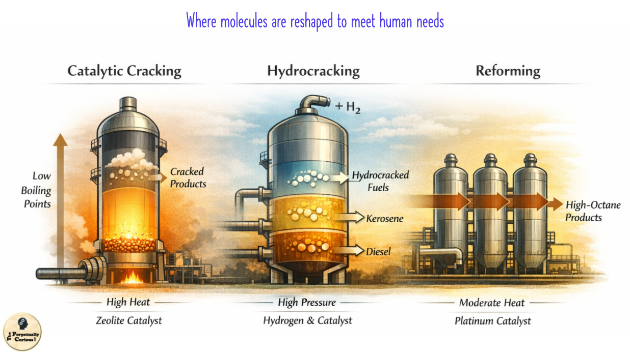 Rendering of three major conversion processes shown side by side with simplified reactor forms for catalytic cracking, hydrocracking, and reforming.