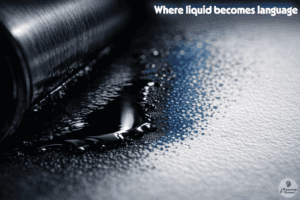 Photorealistic view of wet black ink spreading across a textured printed surface, with the contact area in sharp focus and fine blue dot-like patterning visible across the paper.