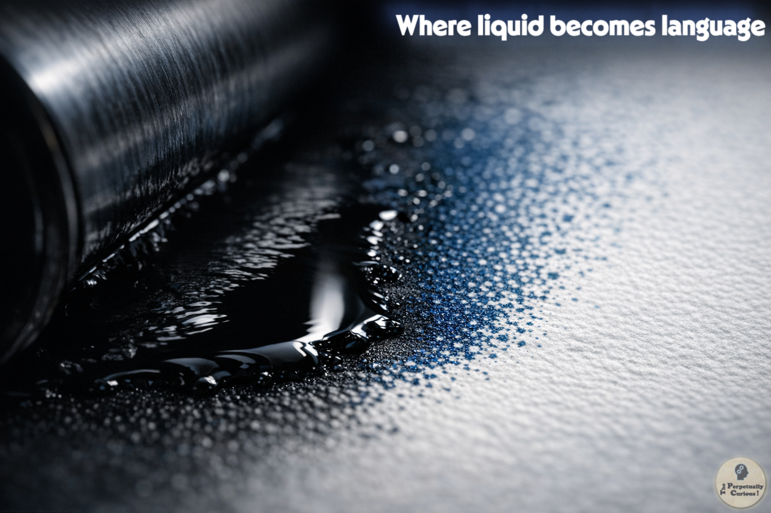 Photorealistic view of wet black ink spreading across a textured printed surface, with the contact area in sharp focus and fine blue dot-like patterning visible across the paper.