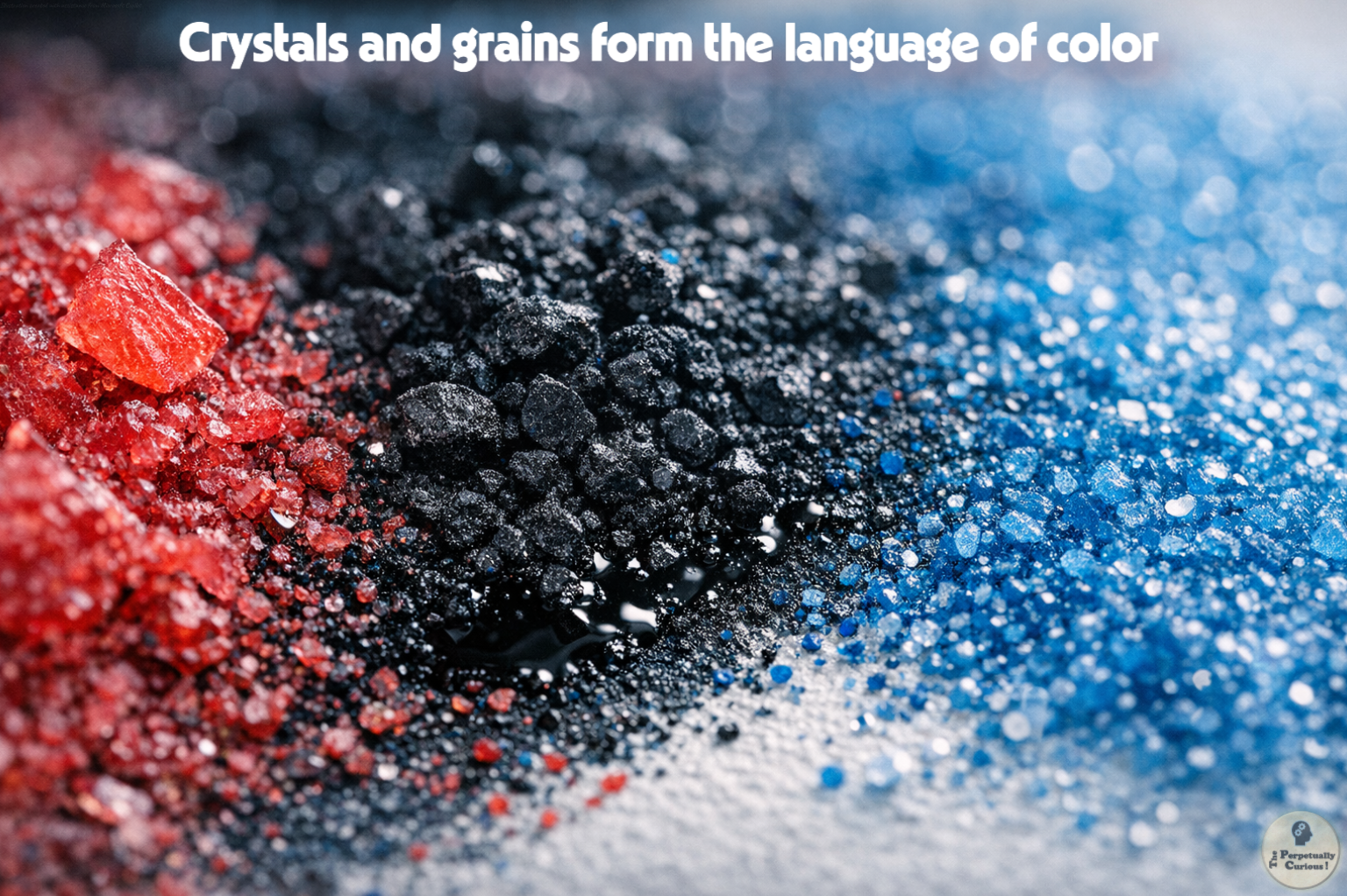 Scientific rendering of red crystals, black granular particles, and blue pigment structures shown in a macro view that highlights their morphology and surface texture.